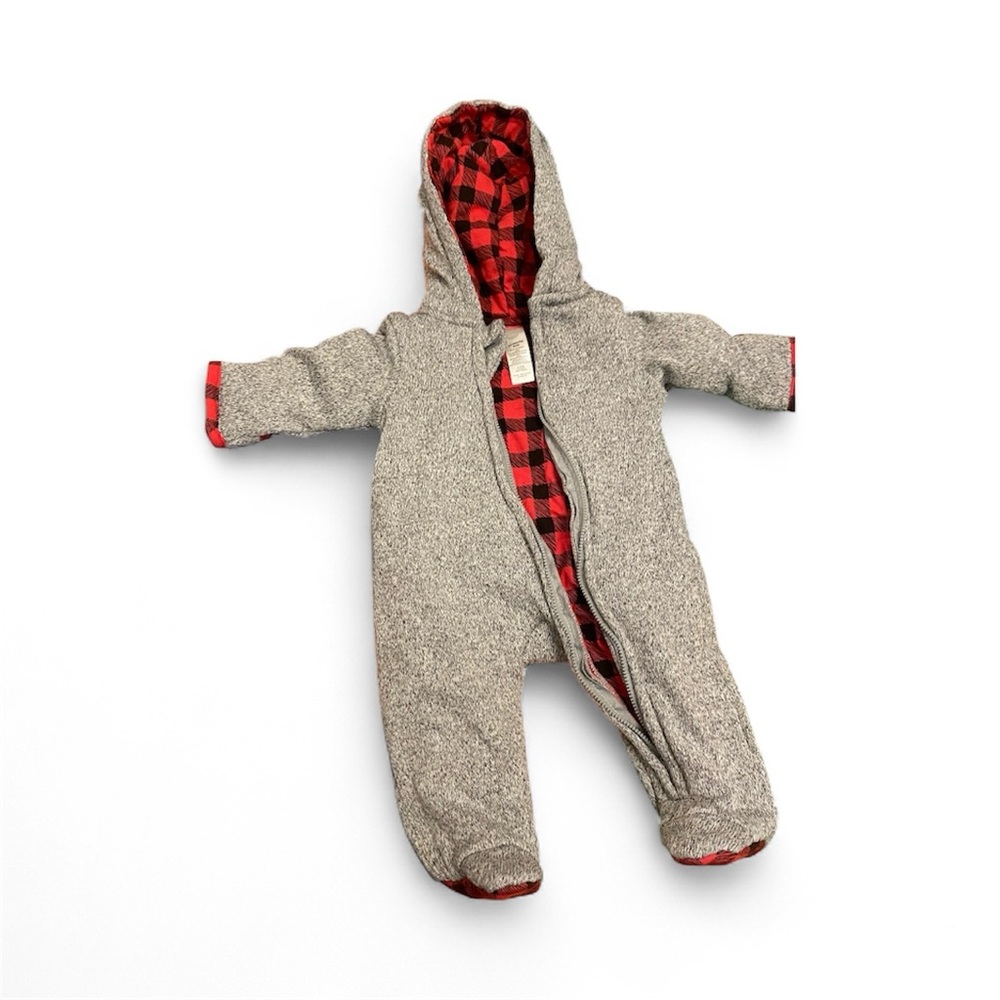 Baby Boy Girl Warm Hooded Jumpsuit – Gray/Red Plaid